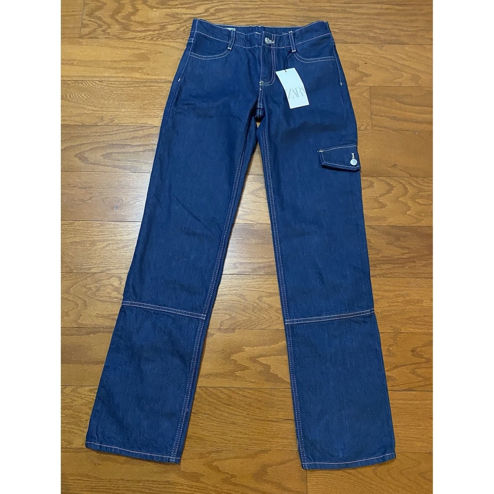 ZARA Jeans Size 4 Made In Turkey Blue Zip Leg Cargo Dark Womens New! NWT $60